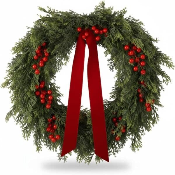 A green Christmas wreath decorated with red berries and a large red ribbon bow at the center.