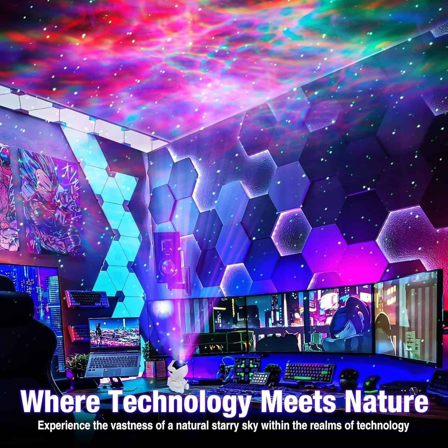 A modern room with hexagonal wall panels, colorful LED lighting, multiple monitors, and a ceiling displaying star-like light effects. Text reads: "Where Technology Meets Nature.