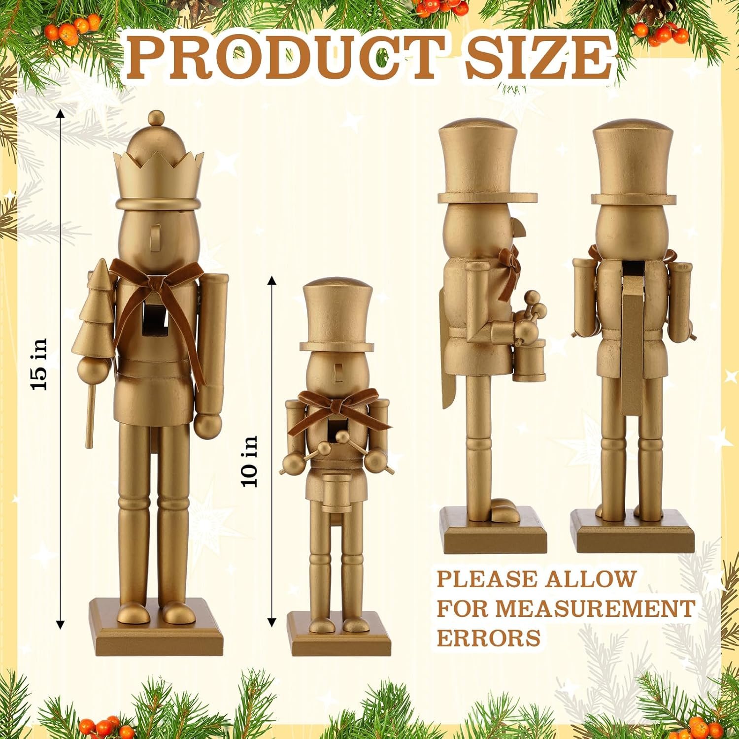 Two gold nutcracker figurines, one 15 inches tall and one 10 inches tall, shown from front and back on a decorated holiday-themed background.