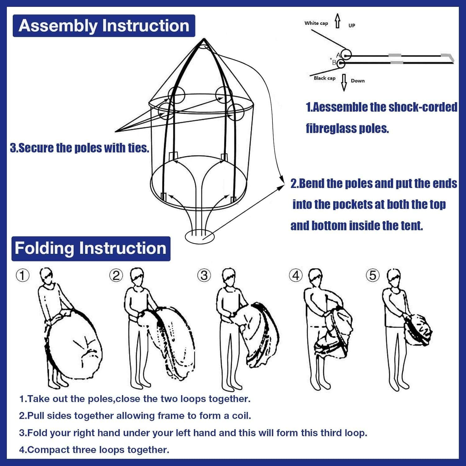Diagram showing instructions for assembling and folding a pop-up tent, with labeled steps and illustrations of each process.