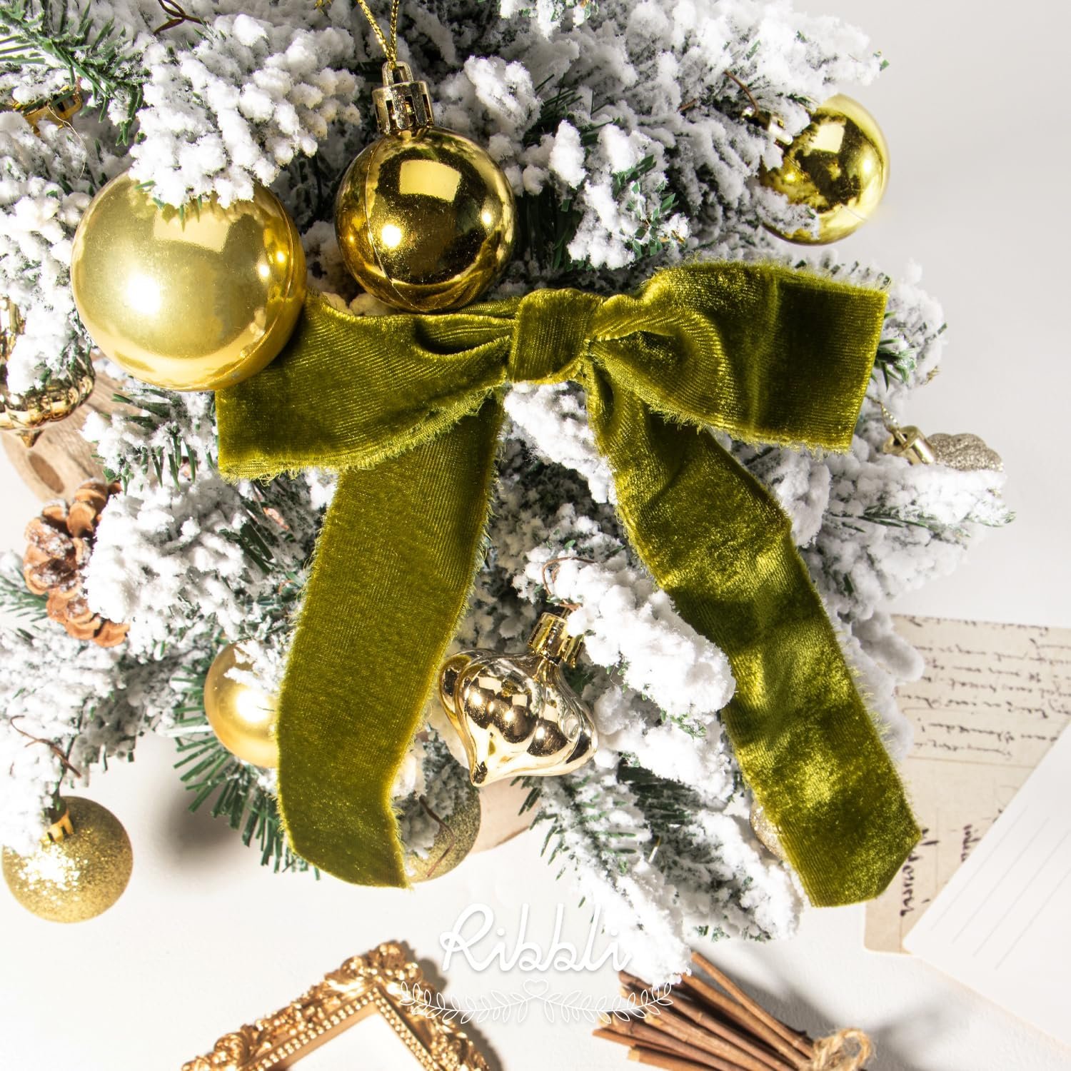 Ribbli Moss Green Velvet Ribbon 1.5 Inch Handmade Frayed Vintage Christmas Ribbon for Gift Wrapping Christmas Tree Ornament Wreath Craft Home Decor -3 Yards