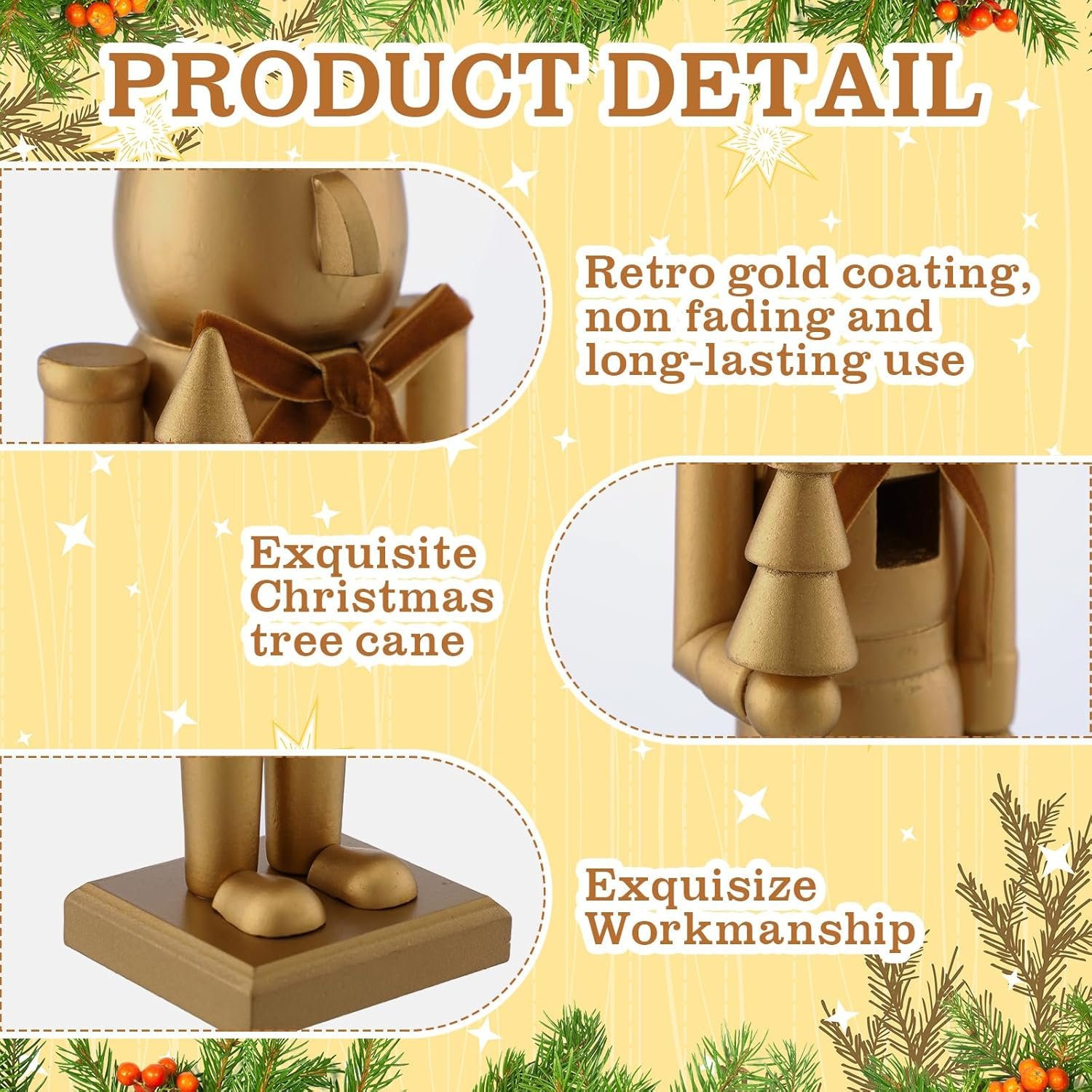 Weysat 2 Pcs Neutral Christmas Nutcracker Figure Gold Wooden Nutcracker Figures with Velvet Bow Christmas Ornament for Xmas Festival Party Gift Shelves Table Desktop Fireplace Decor, 10inch, 15inch