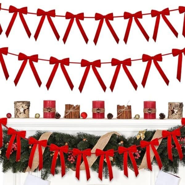 Red bows hanging on two strings, with additional red bows decorating a fireplace mantel adorned with greenery, red candles, wrapped logs, pinecones, and other festive ornaments.