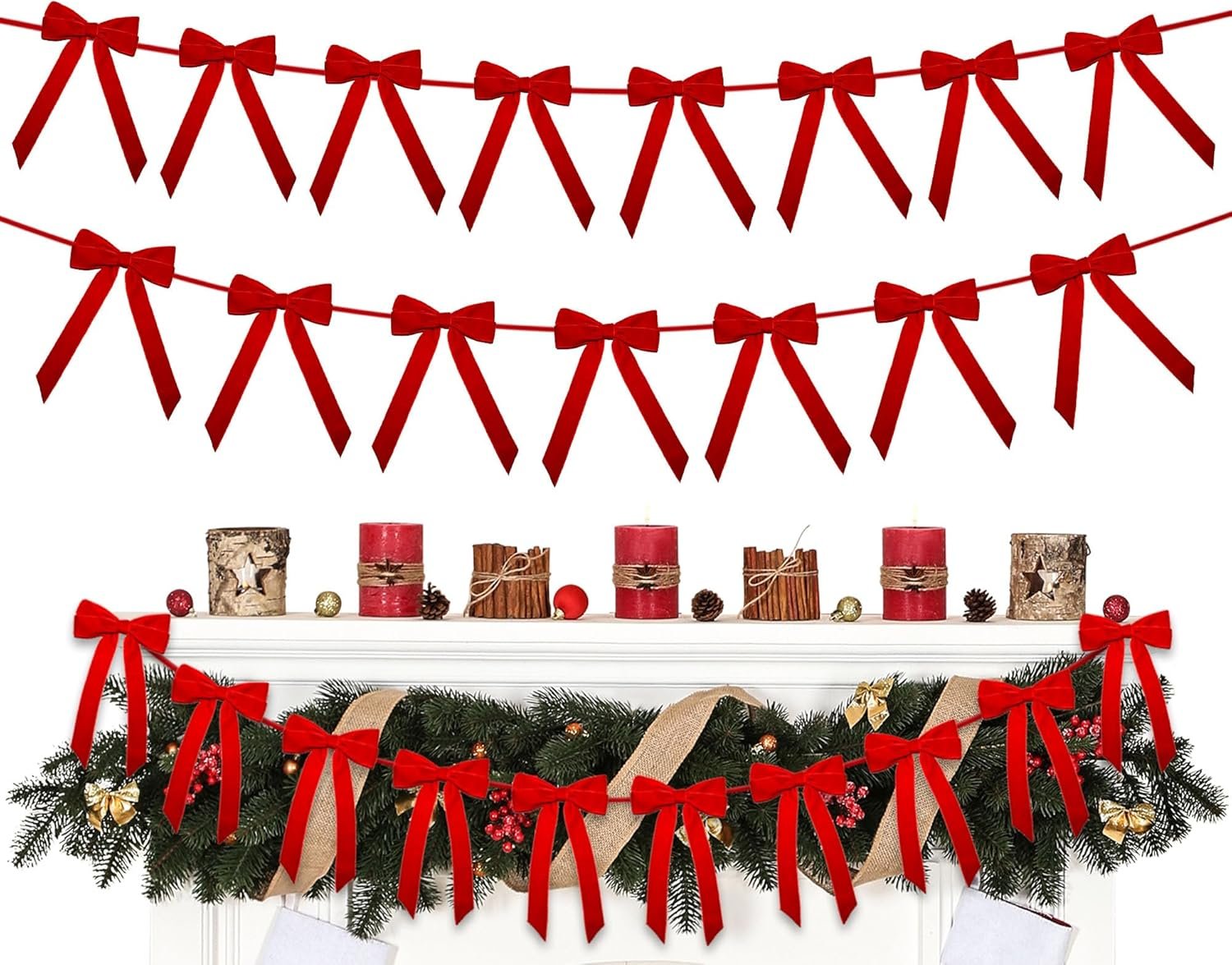 Christmas Velvet Bows Garland, 10ft Pre-Strung Christmas Garland Banner with 15 Bows, Indoor Vintage Elegant Velvet Ornaments Home Decor Decorations for Tree Mantle Stair Party Wall Office, Red
