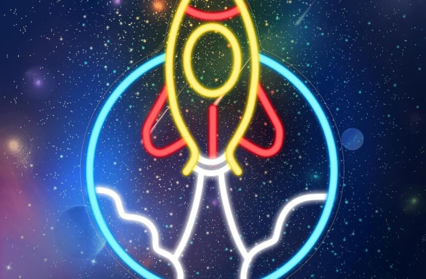 A neon outline of a rocket launching into space, with a glowing blue circle and a star-filled background.