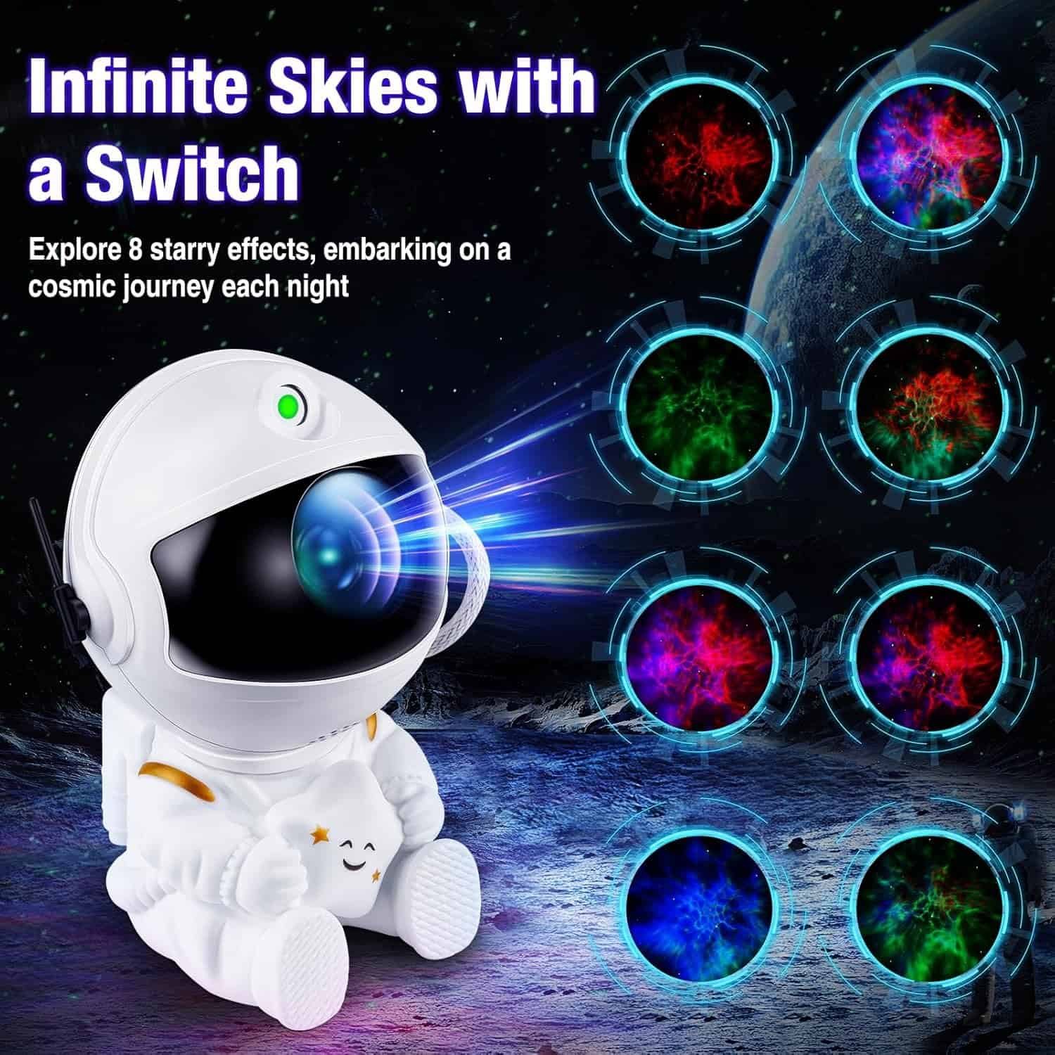 A small astronaut-shaped projector sits on a surface, displaying various colorful starry light effects, with text describing eight different cosmic lighting modes.