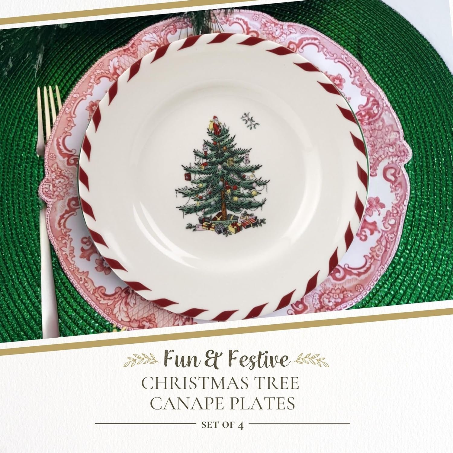 A decorative plate with a Christmas tree design and a red-striped rim is placed on a pink patterned plate atop a green placemat. Text reads "Christmas Tree Canape Plates, Set of 4.