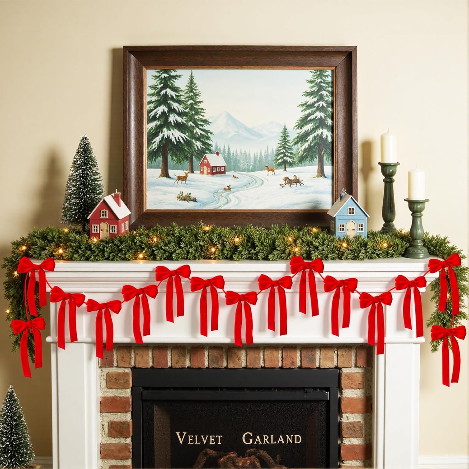 Christmas Velvet Bows Garland, 10ft Pre-Strung Christmas Garland Banner with 15 Bows, Indoor Vintage Elegant Velvet Ornaments Home Decor Decorations for Tree Mantle Stair Party Wall Office, Red