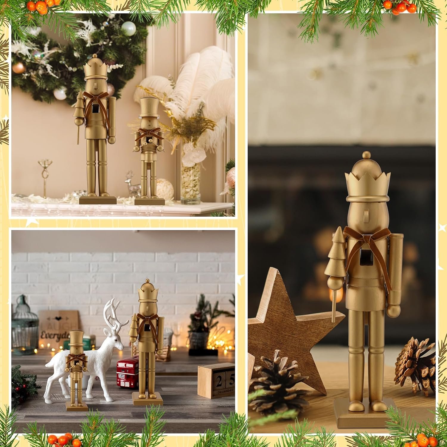 Three gold nutcracker decorations are displayed in festive holiday settings with garlands, ornaments, and winter-themed decor in the background.