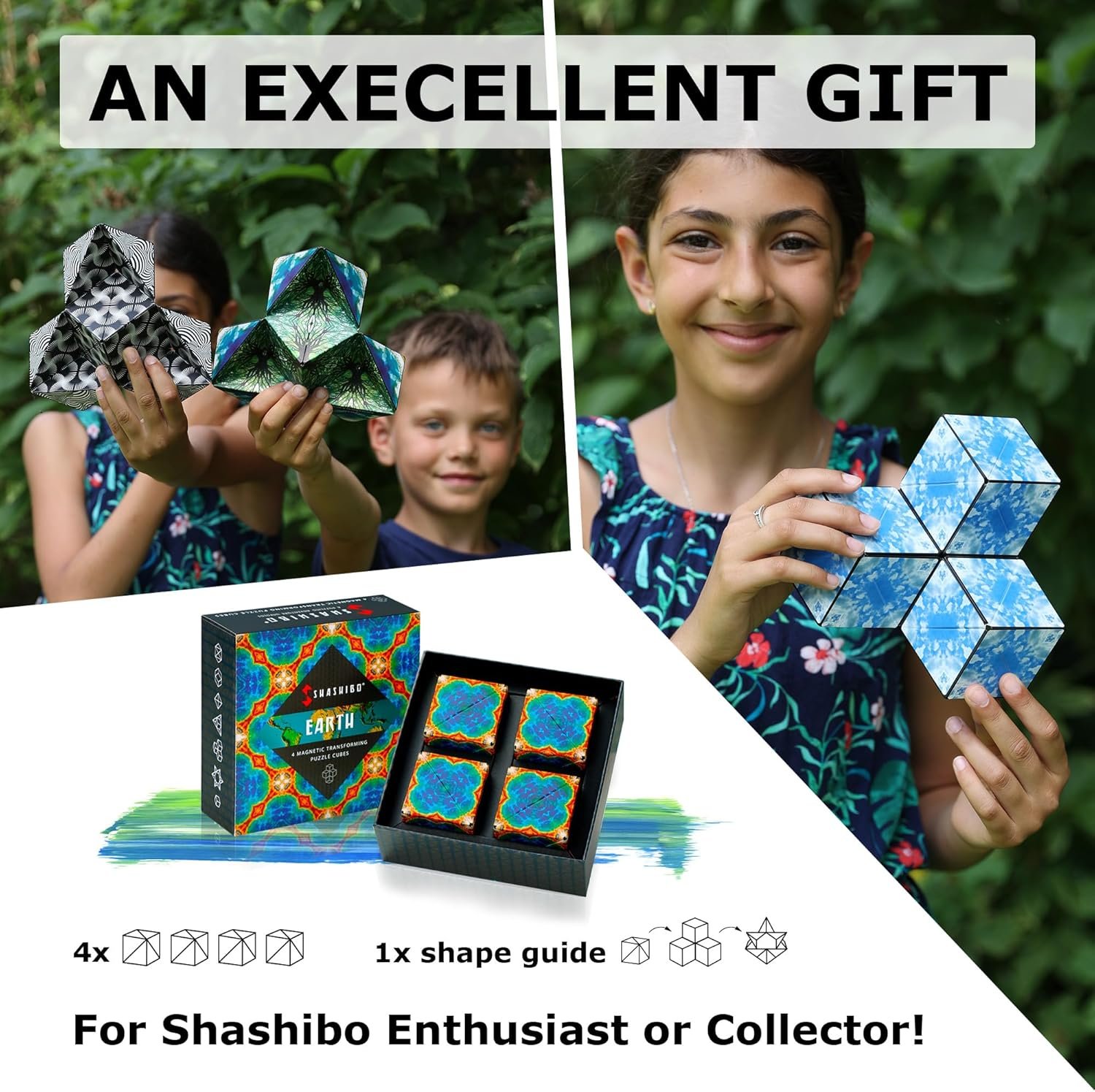 Children holding and playing with geometric Shashibo puzzle cubes outdoors, with a product box, four cubes, and a shape guide shown below. Text highlights it as a gift for enthusiasts or collectors.