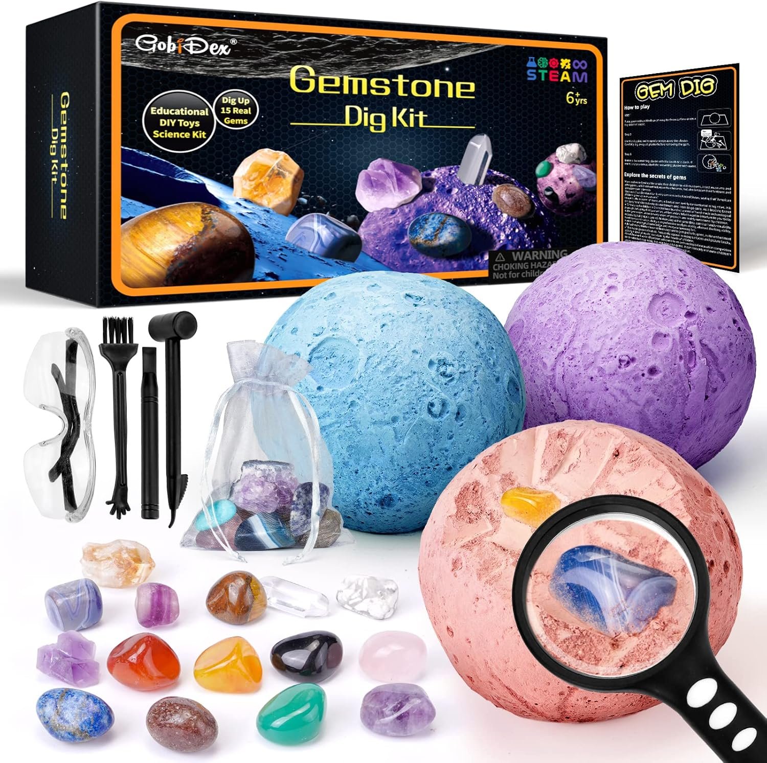 GobiDex Gemstones Dig Kit, Solar System Science Kit for Kids, Excavate 15 Real Gems, STEM Educational Space Toys Planet Collection Kit, Archaeology Geology Science Projects Gift for Boys & Girls Age 6+