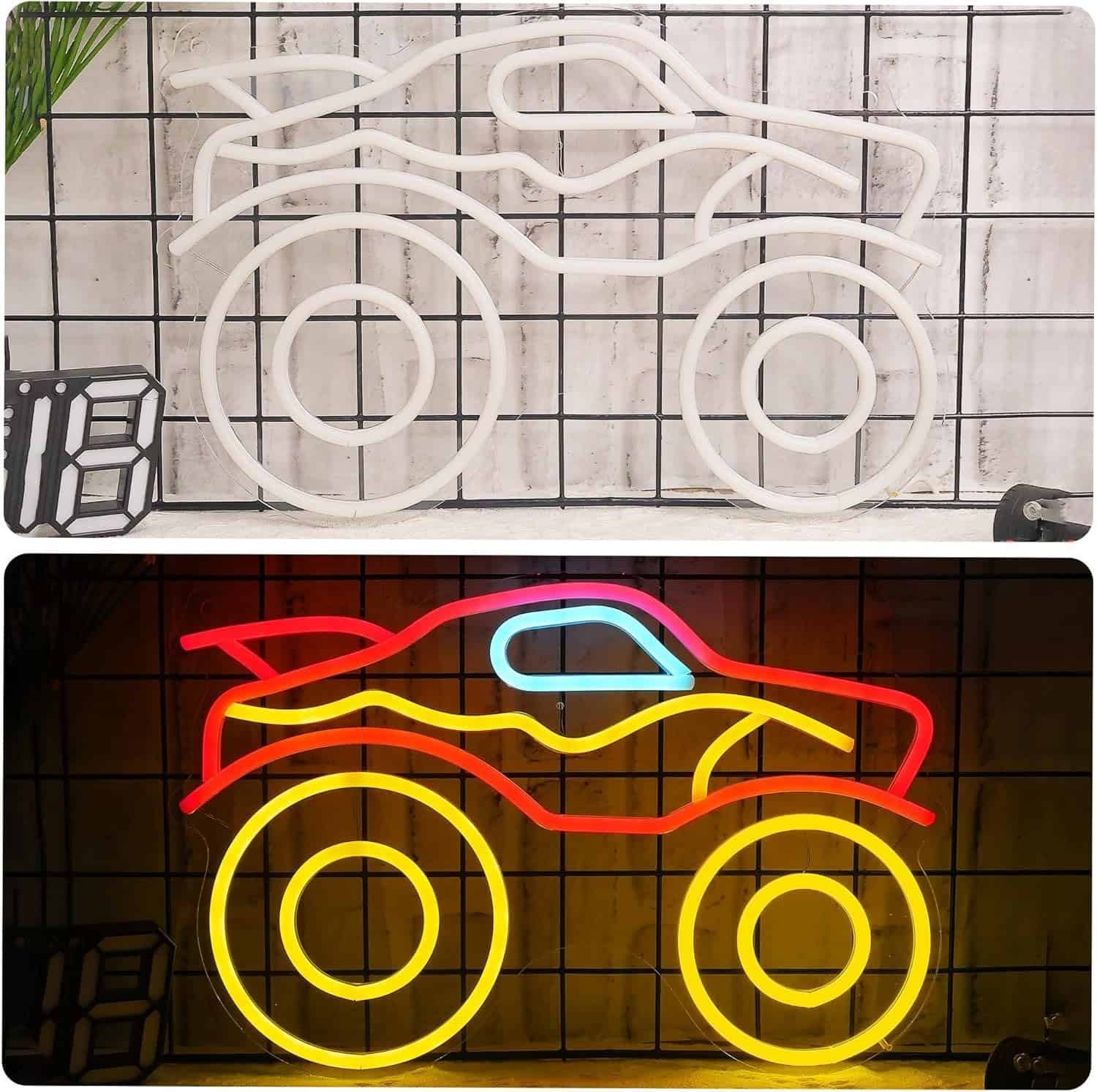 Side-by-side images of a monster truck neon sign: unlit in the top image and lit with red, yellow, and blue colors in the bottom image, both displayed on a grid wall.