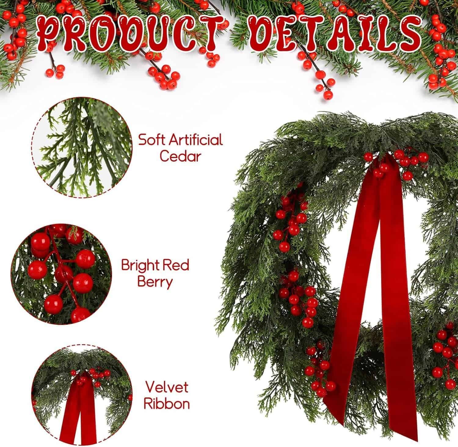 A holiday wreath with soft artificial cedar, bright red berries, and a velvet ribbon, shown with close-up insets of each material.