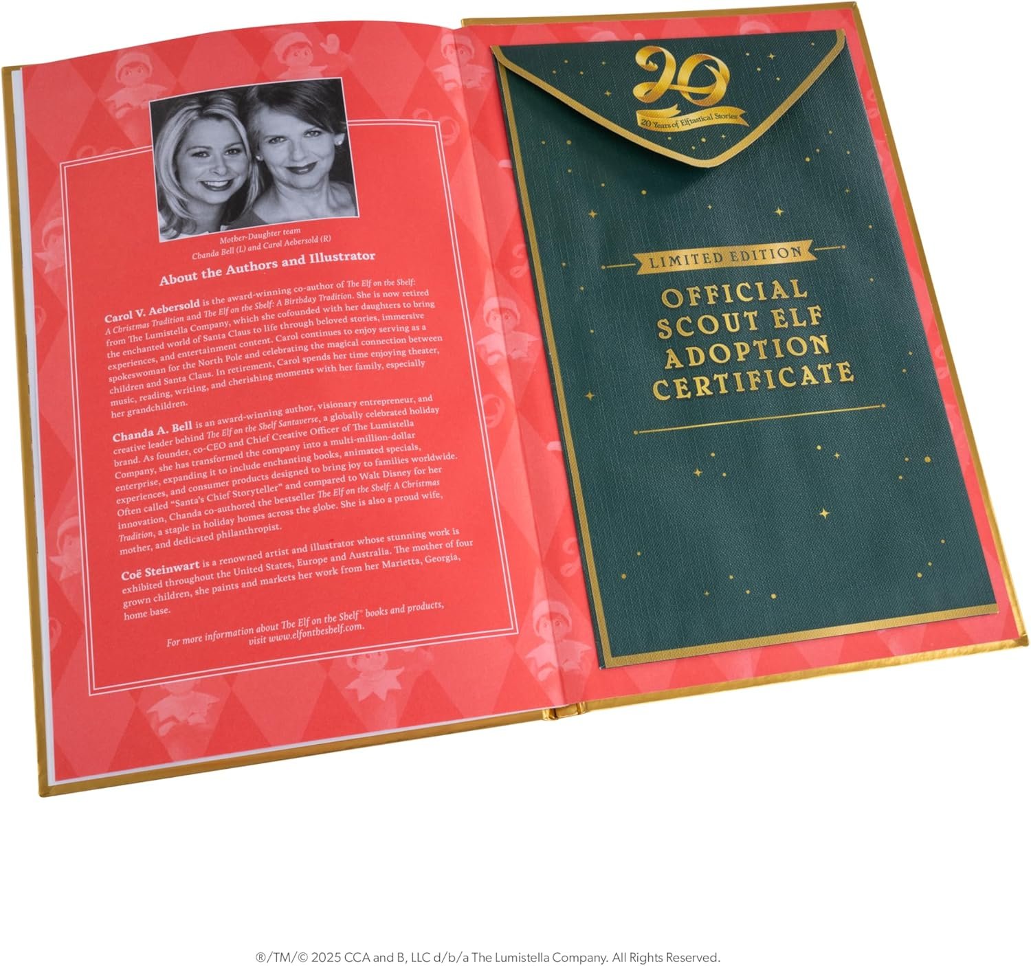 An open booklet displaying an "Official Scout Elf Adoption Certificate" on the right and an "About the Authors and Illustrator" section with two author photos on the left.
