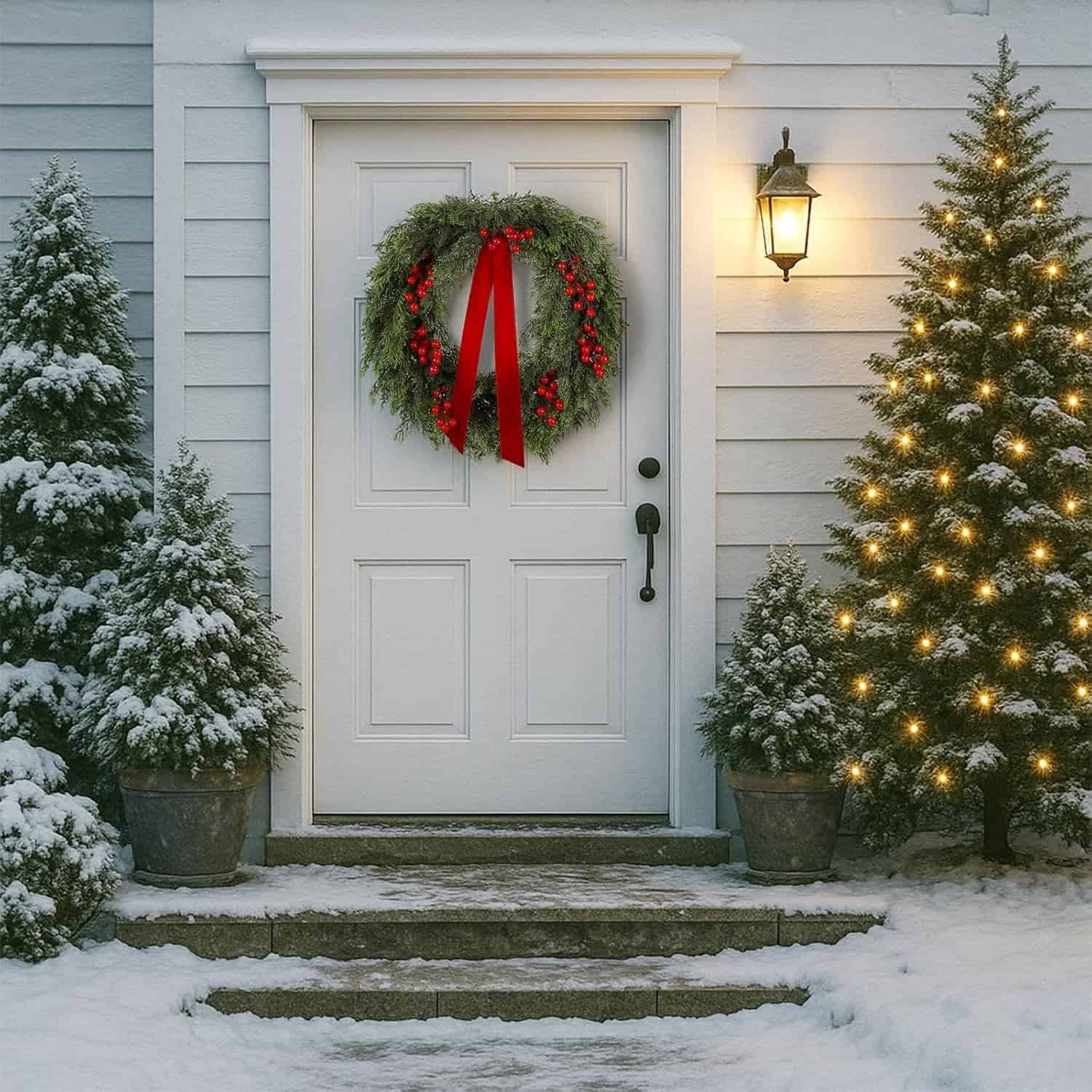 A white front door with a wreath decorated with a red ribbon, flanked by two potted evergreen trees in snow, one with string lights, under a lit wall lantern.