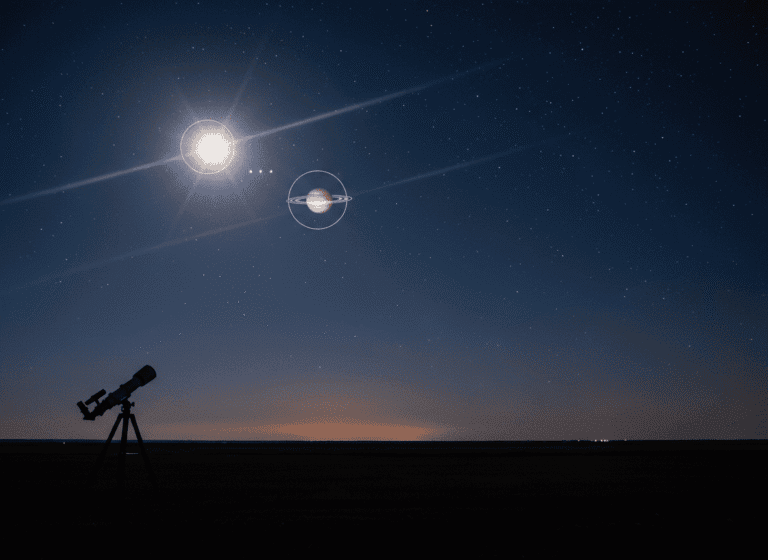 A telescope is set up on a flat field under a clear night sky with bright stars and planets, including Jupiter, Saturn, and the Moon, visible above the horizon.