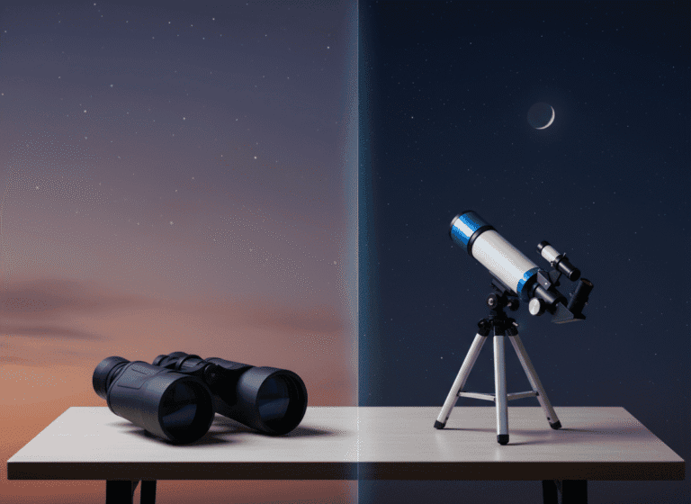 A pair of binoculars and a telescope rest on a table; the background is split between dusk filled with stars and night featuring a crescent moon.