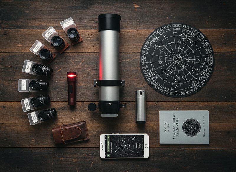 A flat lay of astronomy equipment, featuring a telescope, star chart, eyepieces, red flashlight, smartphone with star map, leather pouch, and astronomy book neatly arranged on a wooden surface.