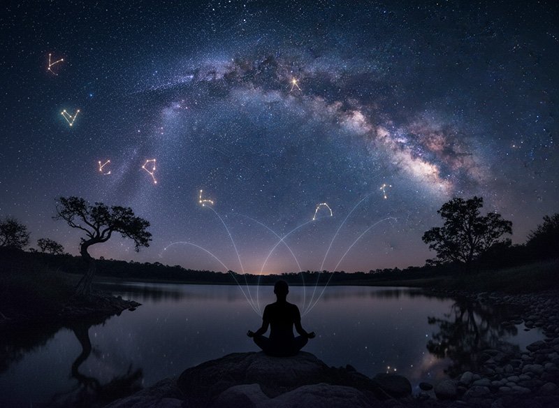 A person sits cross-legged by a lake at night, silhouetted against the Milky Way and illuminated constellations, embracing a moment of cosmic meditation beneath the star-filled sky.