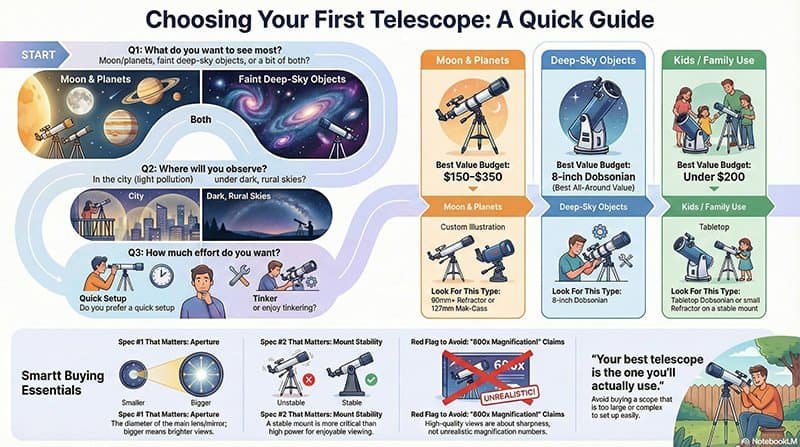 Telescope Buyer Cheat Sheet Free Download: An infographic guiding beginners, families, and deep-sky fans to choose their first scope by observing goals, location, budget, and more. Get your free downloadable guide!.