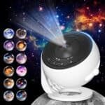 The Galaxy Projector for Bedroom Pro Version offers 12 in 1 HD planetarium projections, upgraded film disc slides, a simple 4-button control, adjustable knob with 360° rotation, and a 1/2h timer for kids’ rooms.