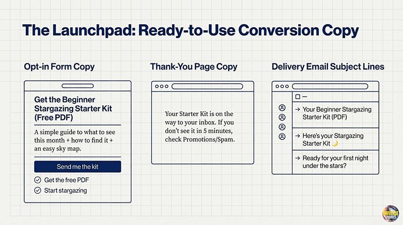 A visual guide displays sample opt-in form text, thank-you page messaging, and email subject lines for the Beginner Stargazing Starter Kit Free Download giveaway.