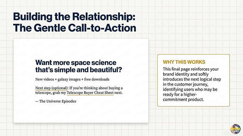 A slide titled "Building the Relationship: The Gentle Call-to-Action" explains a soft CTA, gives an example, and describes why it works—like inviting users to access the Beginner Stargazing Starter Kit Free Download.