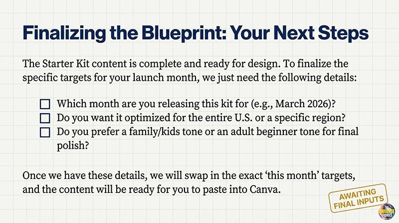 The slide "Finalizing the Blueprint: Your Next Steps" asks about launch month, target audience, and design preferences—one last step before your Beginner Stargazing Starter Kit Free Download is ready for you!.