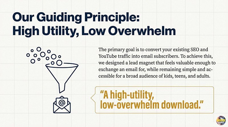 A diagram shows a funnel filtering into an email icon, highlighting the “High Utility, Low Overwhelm” concept—ideal for promoting the Beginner Stargazing Starter Kit Free Download as an effective email lead magnet.