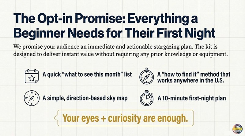 Beginner Stargazing Starter Kit Free Download: Includes a monthly list, U.S. method, sky map, 10-minute plan, and “Your eyes + curiosity are enough.” Get your free guide for easy stargazing access.