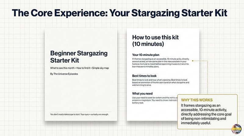 The "Beginner Stargazing Starter Kit Free Download" features a two-page guide with step-by-step instructions for an easy 10-minute stargazing activity and a highlighted section on its accessible approach, perfect for quick and simple setup.
