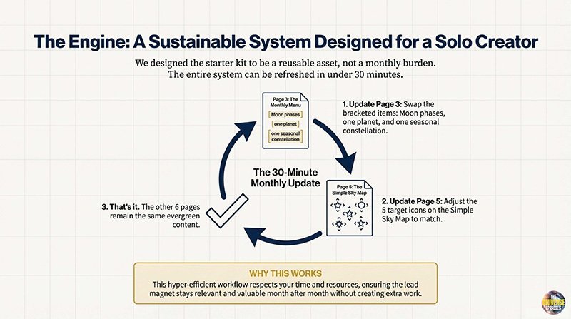 Flowchart shows how the Beginner Stargazing Starter Kit Free Download works: swap 3 pages monthly, adjust 1, keep 6; just 30 minutes needed—an efficient, sustainable system for solo creators. Download for free now!.