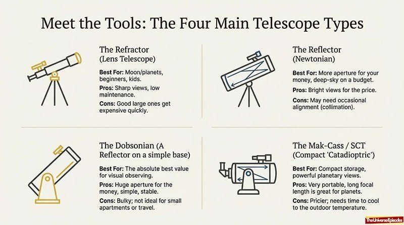 The Telescope Buyer Cheat Sheet Free Download lists four telescope types—Refractor, Reflector, Dobsonian, Mak-Cass/SCT—with quick pros, cons, and best uses. Get your free reference guide now!.