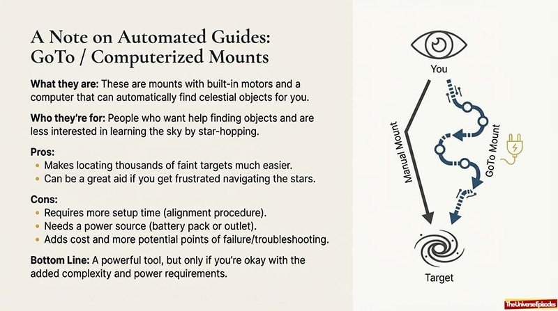 Compare manual and GoTo telescope mounts—their pros, cons, setup steps, and which users they're best for—using the Telescope Buyer Cheat Sheet Free Download. Get it now to choose the perfect mount for your needs!.
