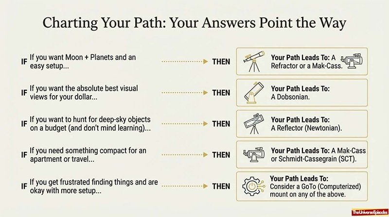 Explore the Telescope Buyer Cheat Sheet Free Download for a flowchart of telescope recommendations based on needs like ease of use, best views, deep-sky performance, and compactness. Simplify your telescope purchase today!.
