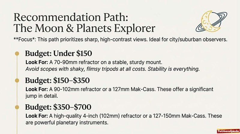 Telescope Buyer Cheat Sheet Free Download: Get top telescope picks for moon and planet viewing by budget—under $150, $150–$350, $350–$700—with brief descriptions. Free infographic download.
