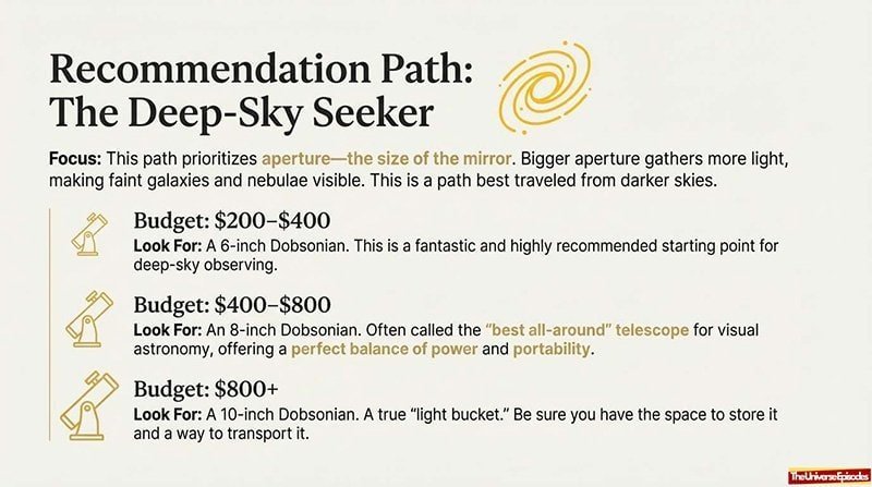 Telescope Buyer Cheat Sheet Free Download: Get deep-sky telescope picks by budget ($200–$400, $400–$800, $800+), with a focus on aperture size. Download your free infographic for quick reference!.