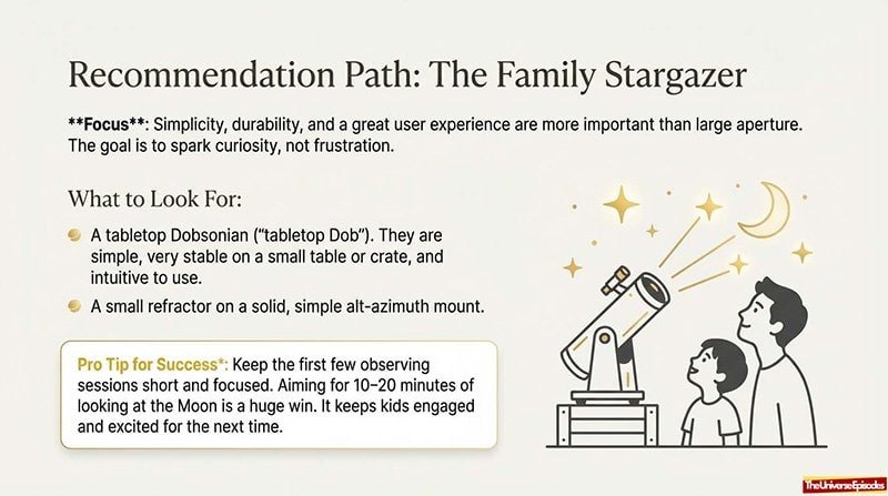 A family enjoys stargazing. Learn how to choose a beginner telescope and discover tips for fun, quick family sessions. Get the Telescope Buyer Cheat Sheet Free Download to help you pick the right telescope!.