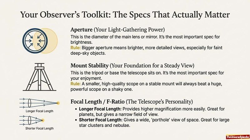 Telescope Buyer Cheat Sheet Free Download: Covers key specs like aperture, mount stability, and focal length/F-ratio with clear explanations and simple diagrams—perfect for beginners! Download your free copy now.