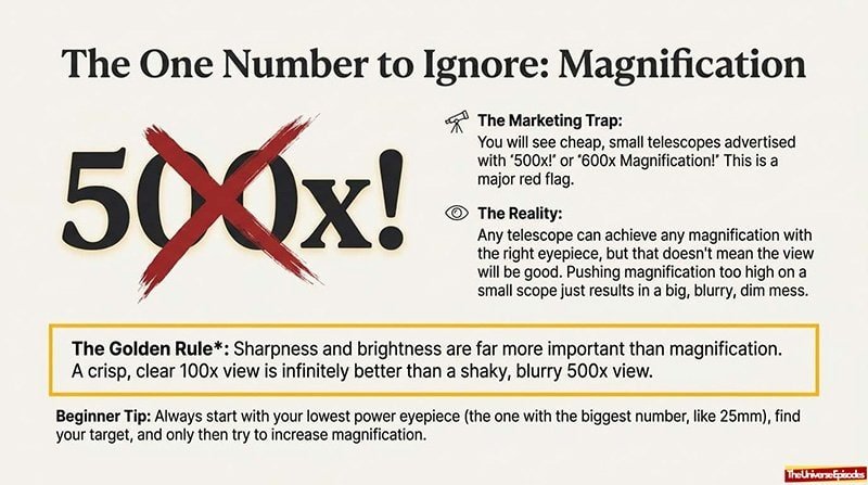 Telescope Buyer Cheat Sheet Free Download explains why magnification (like 500x) can be misleading and shows that sharpness and brightness are key for clear views. Get your free infographic now!.