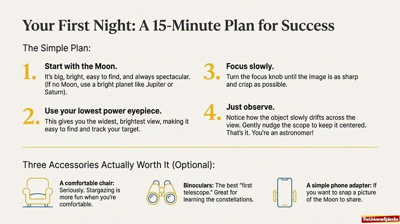 The Telescope Buyer Cheat Sheet Free Download offers a 15-minute stargazing plan with observation steps, gear tips (chair, binoculars, smartphone adapter), and is free with every telescope purchase.