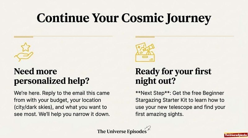 A graphic offering personalized stargazing help, spotlighting the free "Telescope Buyer Cheat Sheet" download for beginners—all under the banner "Continue Your Cosmic Journey.