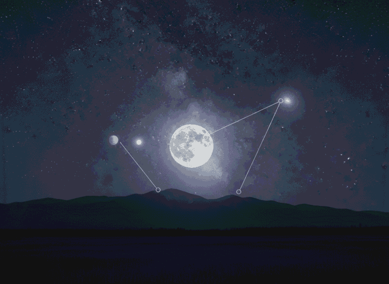 A night sky over mountains shows the moon and stars with lines connecting them to form a constellation, all set against the mesmerizing backdrop of the Milky Way sky.