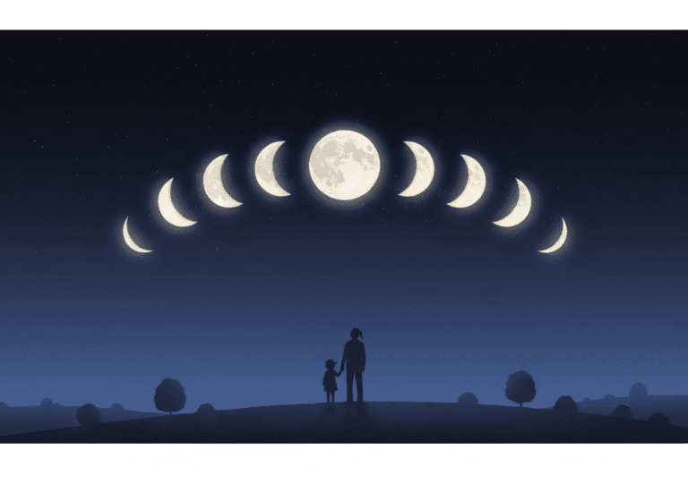 Silhouettes of an adult and child stand on a hill at night, gazing at the phases of the Moon displayed in an arc above them against a starry sky.