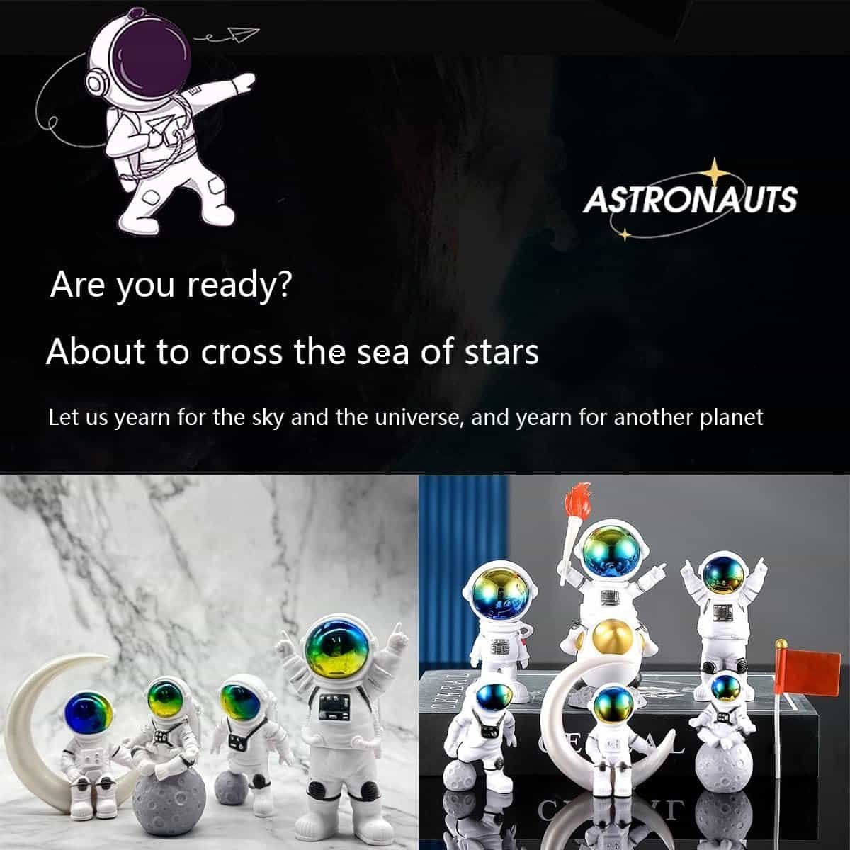 A promotional image for astronaut figurines shows six toy astronauts with shiny visors posed on moons, with text inviting viewers to "cross the sea of stars" and explore the universe.