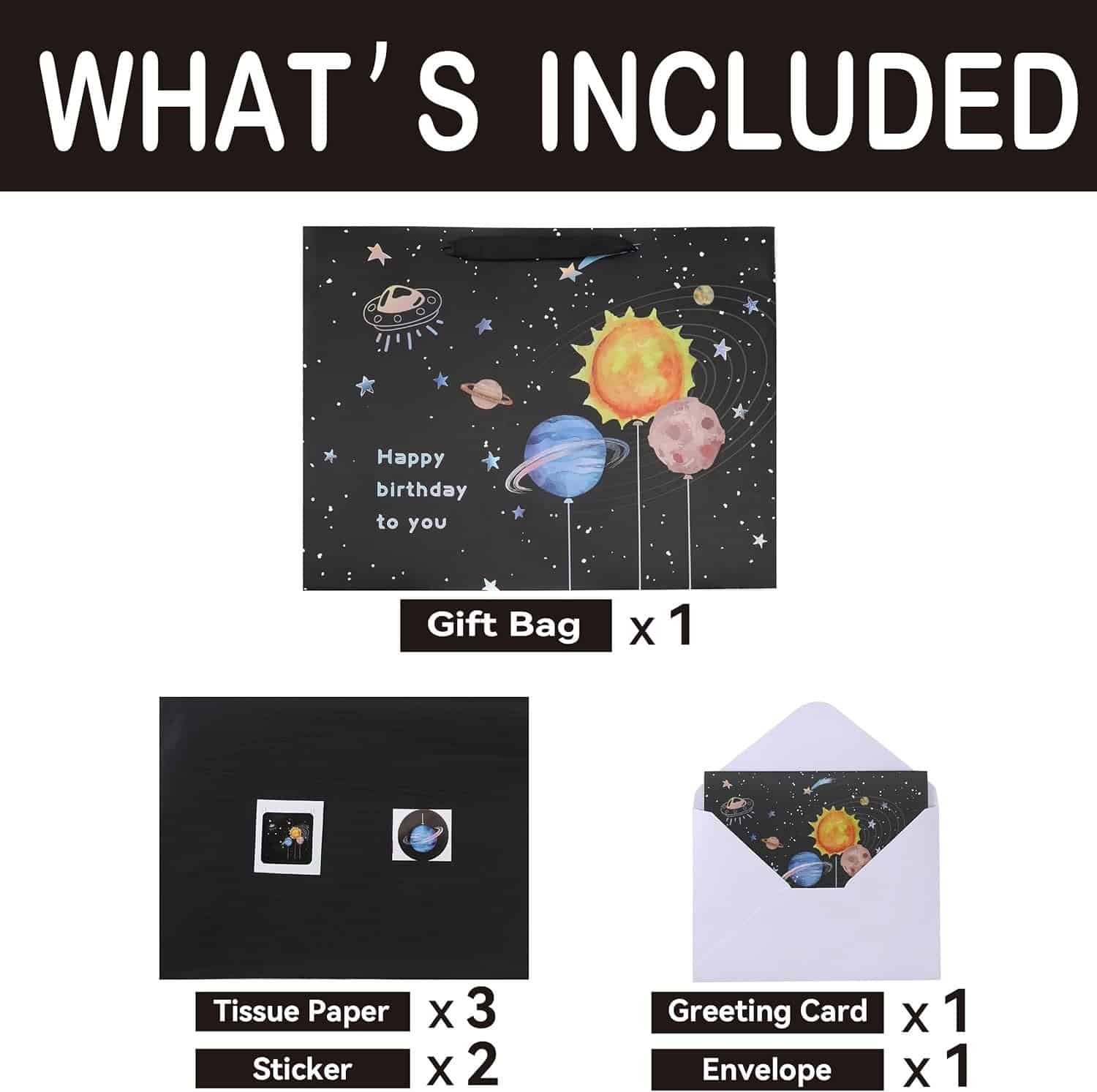 A set includes a space-themed gift bag, three sheets of black tissue paper, two stickers, and a greeting card with an envelope.