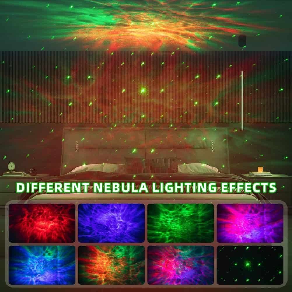 A bedroom with a nebula projector displays red and green starry lights on the ceiling; inset images show eight different nebula lighting effects. Text reads "Different Nebula Lighting Effects.