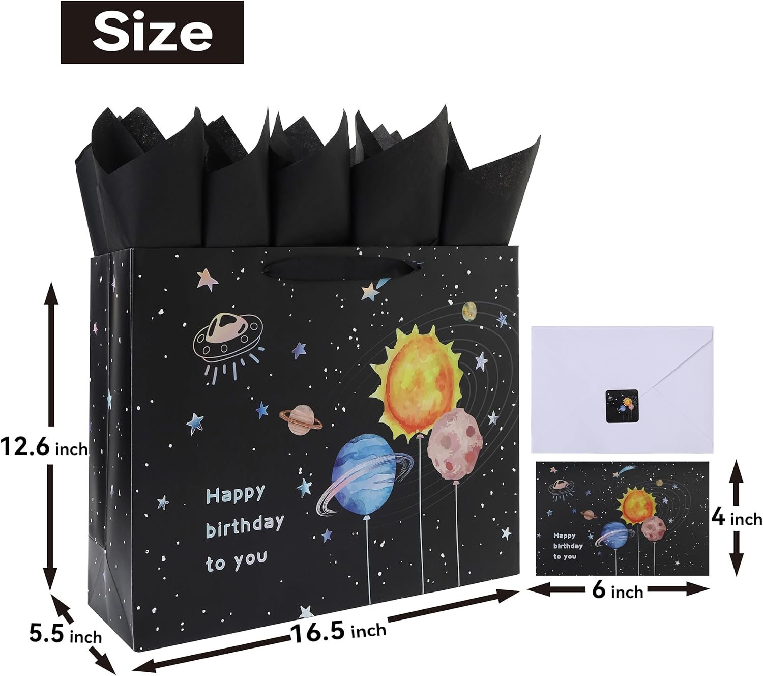 16.5" Extra Large Space Birthday Gift Bag Set with Handles, Greeting Card, Black Tissue Papers and Stickers for Boys Teens for Baby Shower, Kids' Birthday Party, Newborn, 1 Pcs