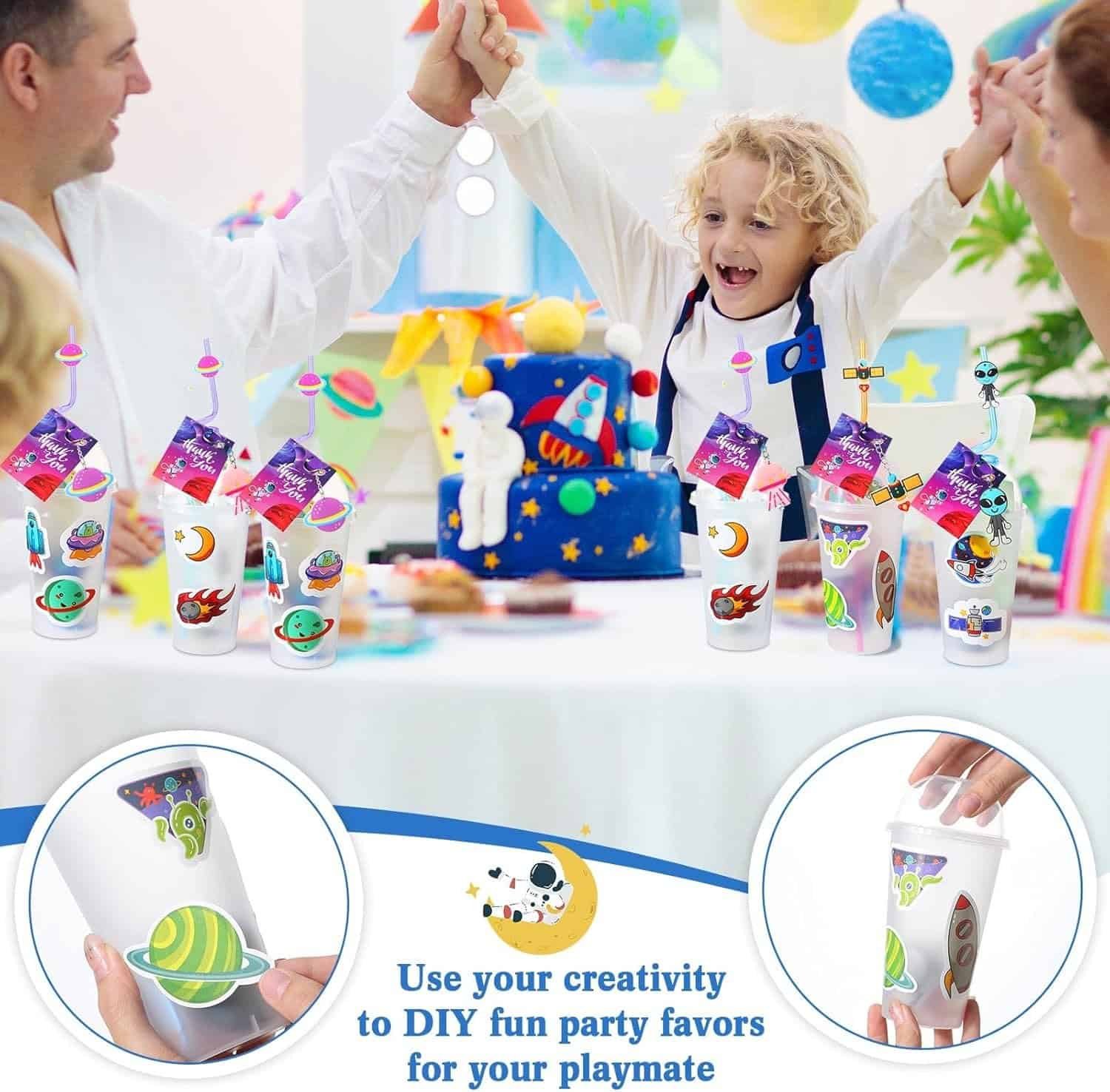 A child celebrates at a decorated birthday party table with adults, surrounded by cups and decorations with a space theme. Instructions for DIY party favors are shown below.