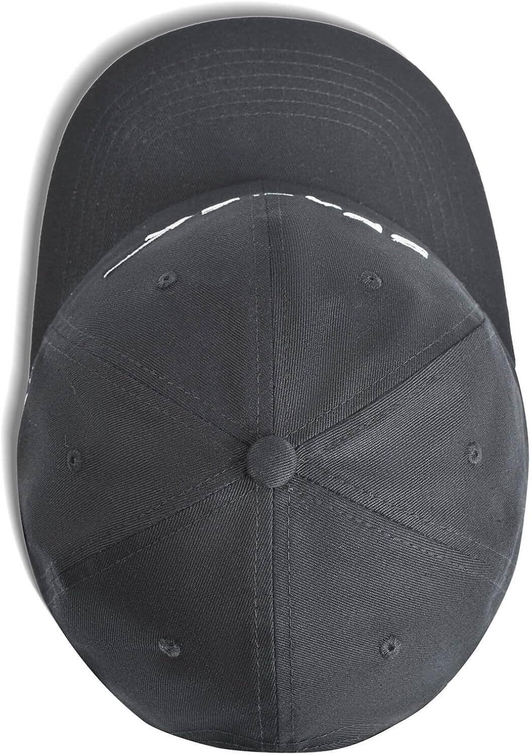 A black baseball cap viewed from above, showing the top button, stitching, and part of white text on the front panel.